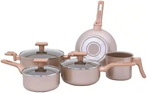 Mimo Style Conjunto 5 Panelas Sartin Cook Estrutura em Alumínio Revestida em Cerâmica, Base Alto Relevo. Tampa Vidro Temperado Alças e Cabos Soft-Touch. Fogão a Gás, Elétrico e Vitrocerâmico (Champanhe) Mimo Style Conjunto 5 Panelas Sartin Cook Estrutura em Alumínio Revestida em Cerâmica, Base Alto Relevo. Tampa Vidro Temperado Alças e Cabos Soft-Touch. Fogão a Gás, Elétrico e Vitrocerâmico (Champanhe)