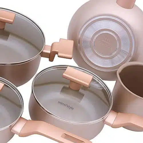 Mimo Style Conjunto 5 Panelas Sartin Cook Estrutura em Alumínio Revestida em Cerâmica, Base Alto Relevo. Tampa Vidro Temperado Alças e Cabos Soft-Touch. Fogão a Gás, Elétrico e Vitrocerâmico (Champanhe) Mimo Style Conjunto 5 Panelas Sartin Cook Estrutura em Alumínio Revestida em Cerâmica, Base Alto Relevo. Tampa Vidro Temperado Alças e Cabos Soft-Touch. Fogão a Gás, Elétrico e Vitrocerâmico (Champanhe)